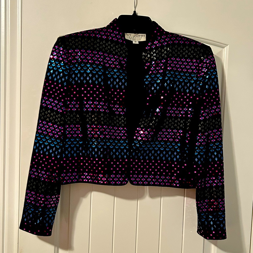 St. John Black Multicolor Sequin Cropped Jacket